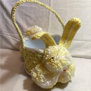 Bunny Easter Basket Handmade Yellow & White Yarn Crochet with Pom Poms